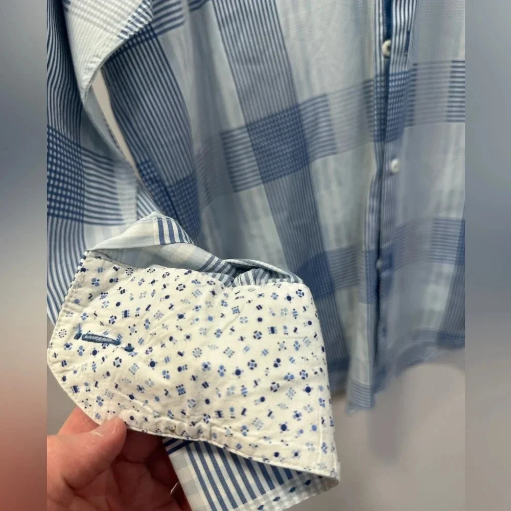 Bugatchi Men’s XL LS Dress Shirt - 100% cotton Blue/White Plaid Pattern